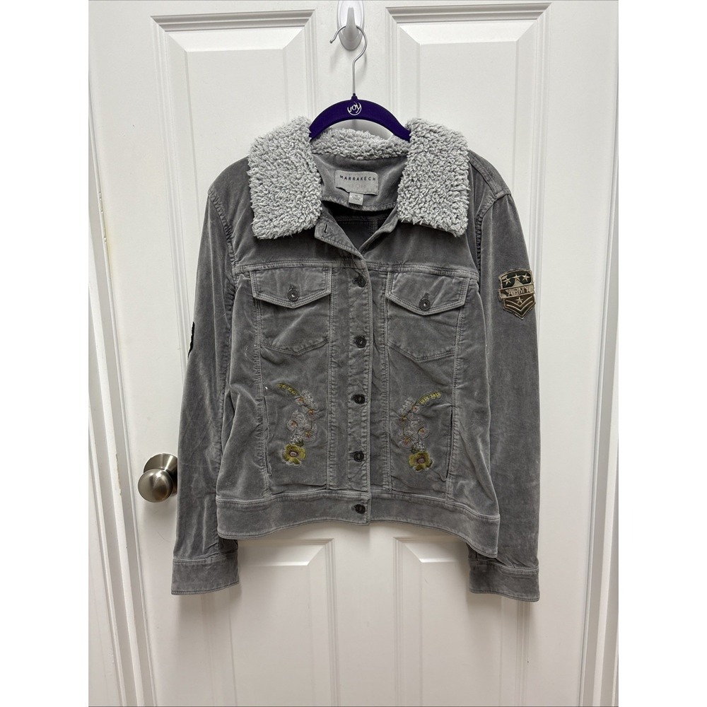 Marrakech Janie 60s Velveteen Embroidered Military Boho Gray Jacket Size XS‎